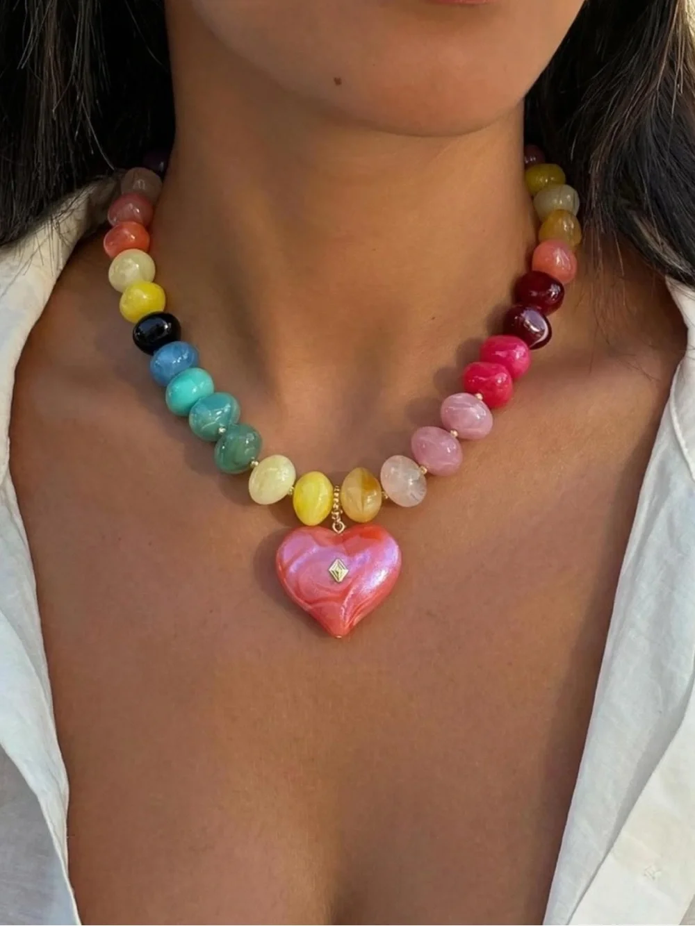 Multicolor Marbled Dopamine Beaded Necklace with Pink Heart Pendant NEW